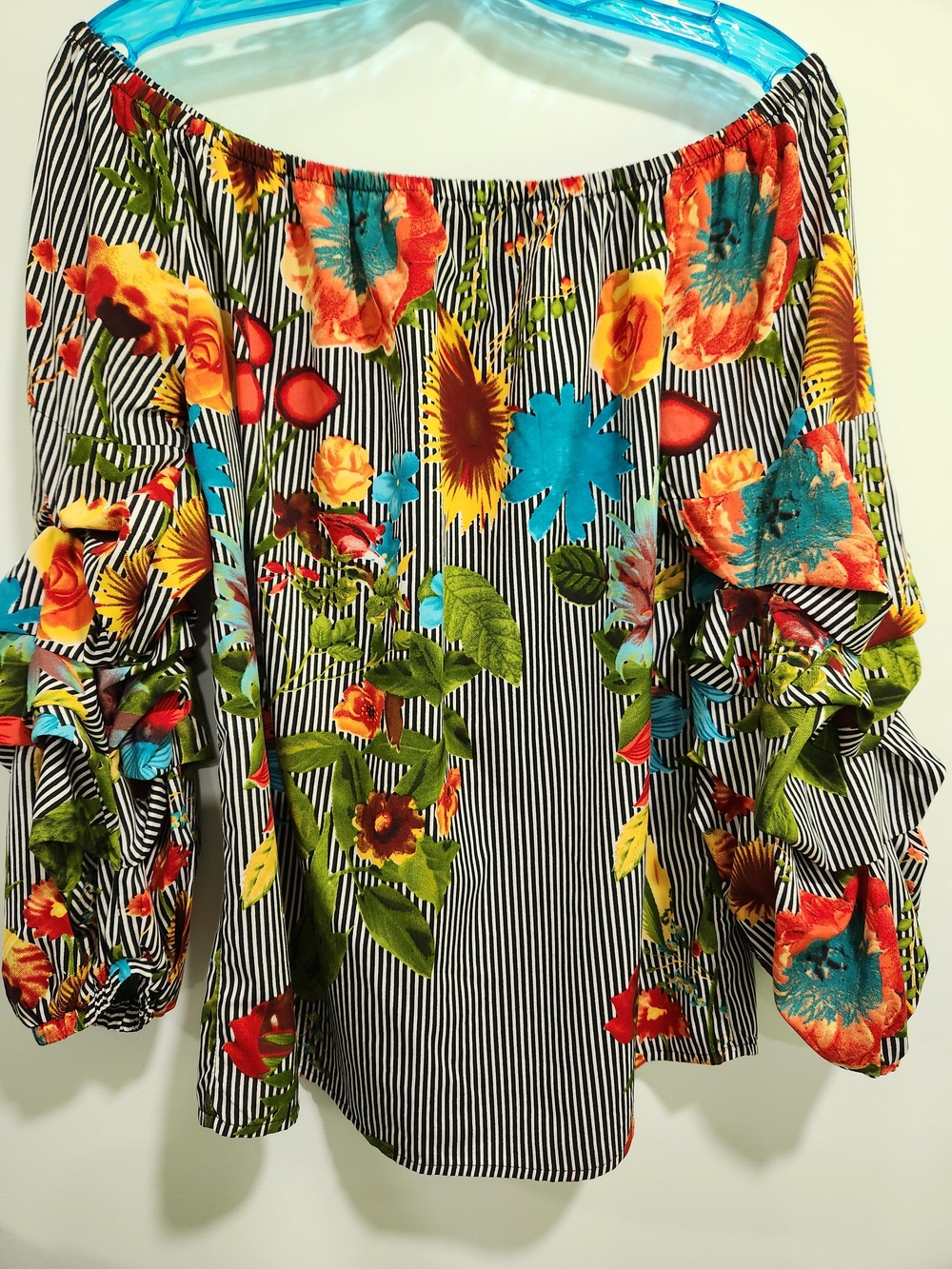 Song of Style Black & White Striped Off-Shoulder Floral Blouse